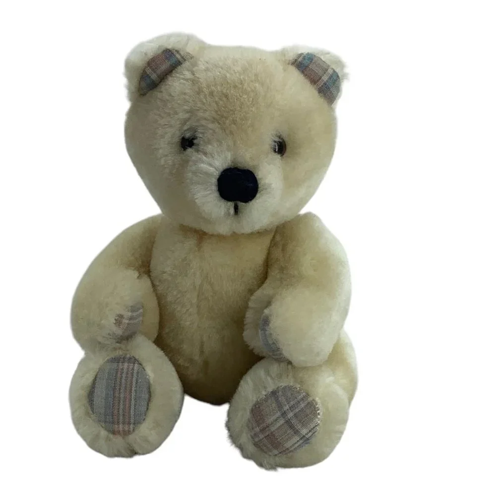 Vtg 1985 Dakin‎ Teddy Bear Plush Stuffed Animal Cream Jointed Plaid Accents 8